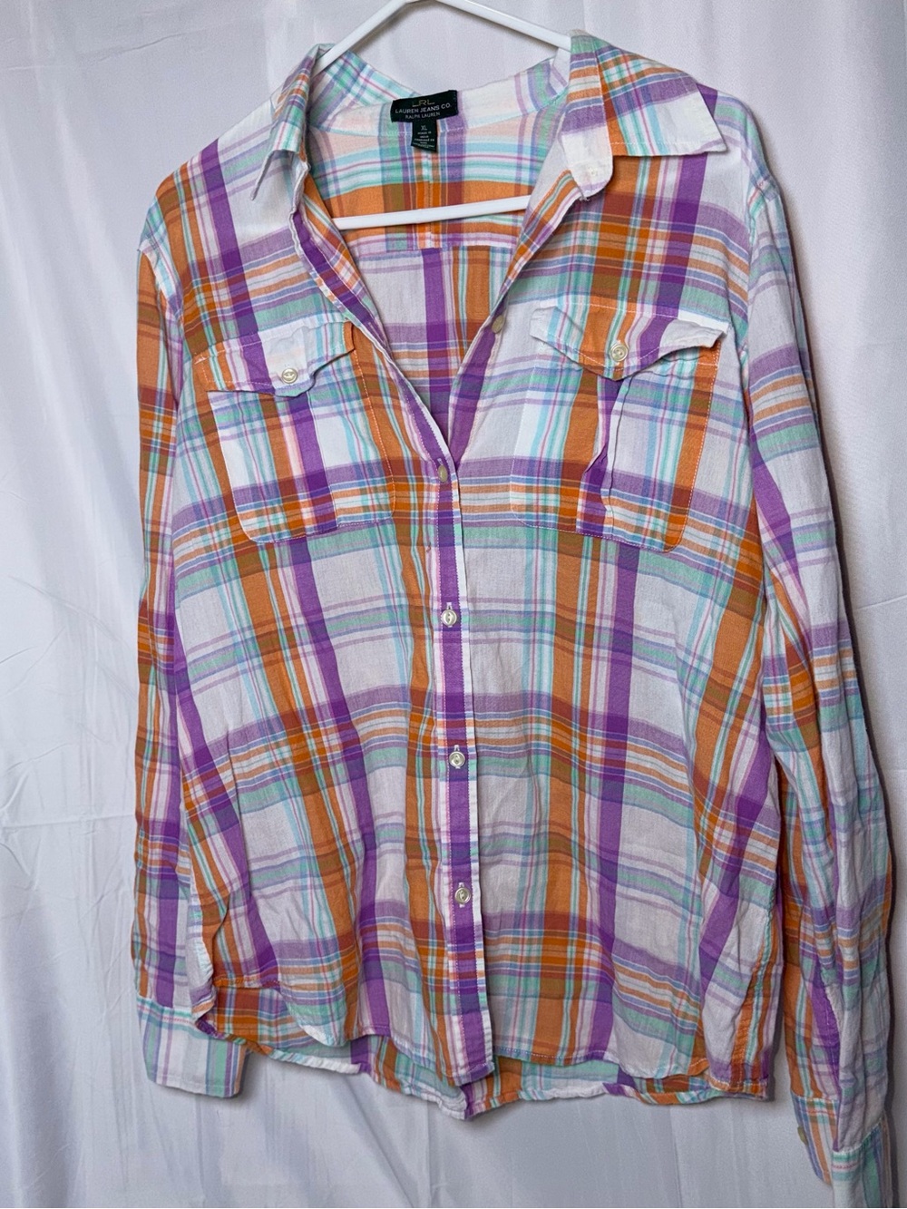 Ralph Lauren White Plaid Button-Down Shirt with Orange & Purple